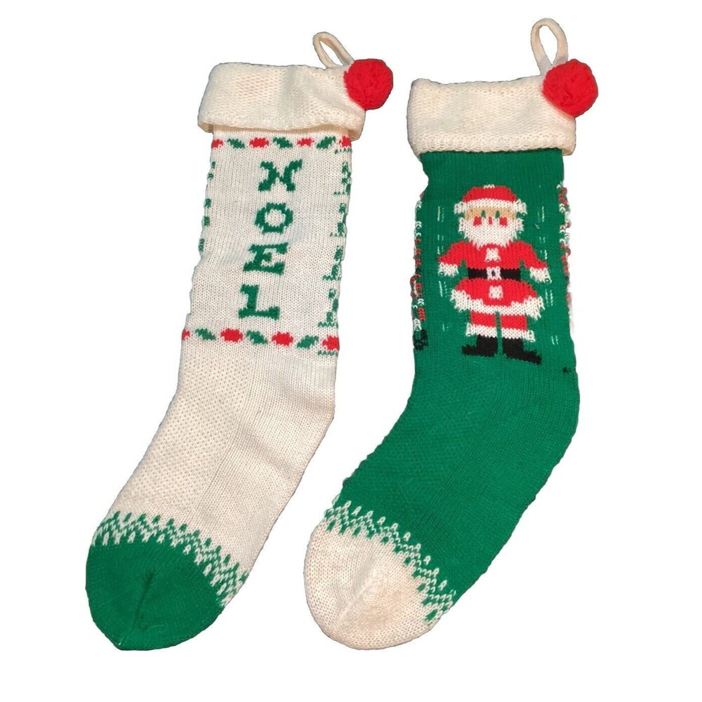Vintage Knitted Christmas Stockings 18” Santa & HoHoHo Red Green & White Style